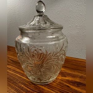 VTG Anchor Daisy Pattern Sandwich Clear Glass Cookie Jar Biscuit Jar 1938-1960’s